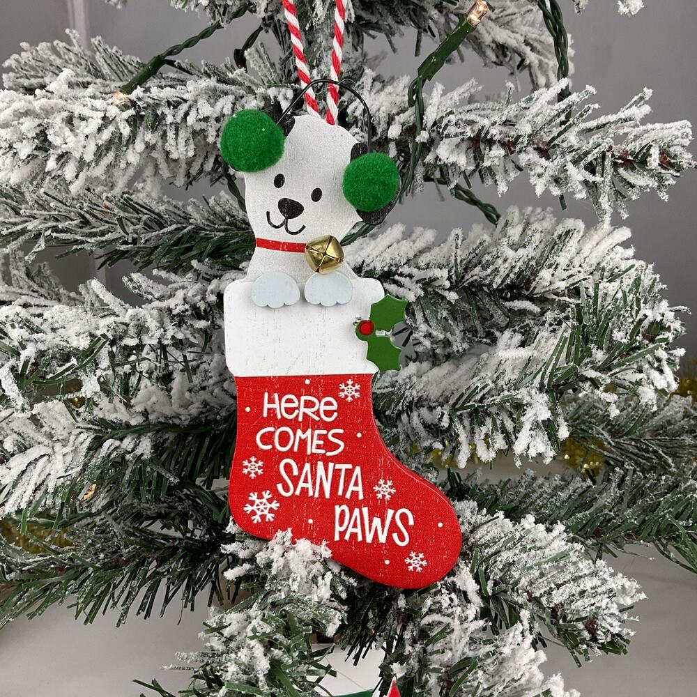 Christmas Ornament- Wooden Festive “Here Comes Santa Paws.” Puppy